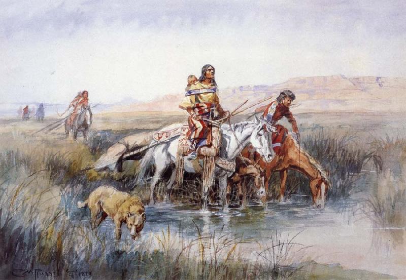 Charles M Russell Indian Women Moving Camp Spain oil painting art